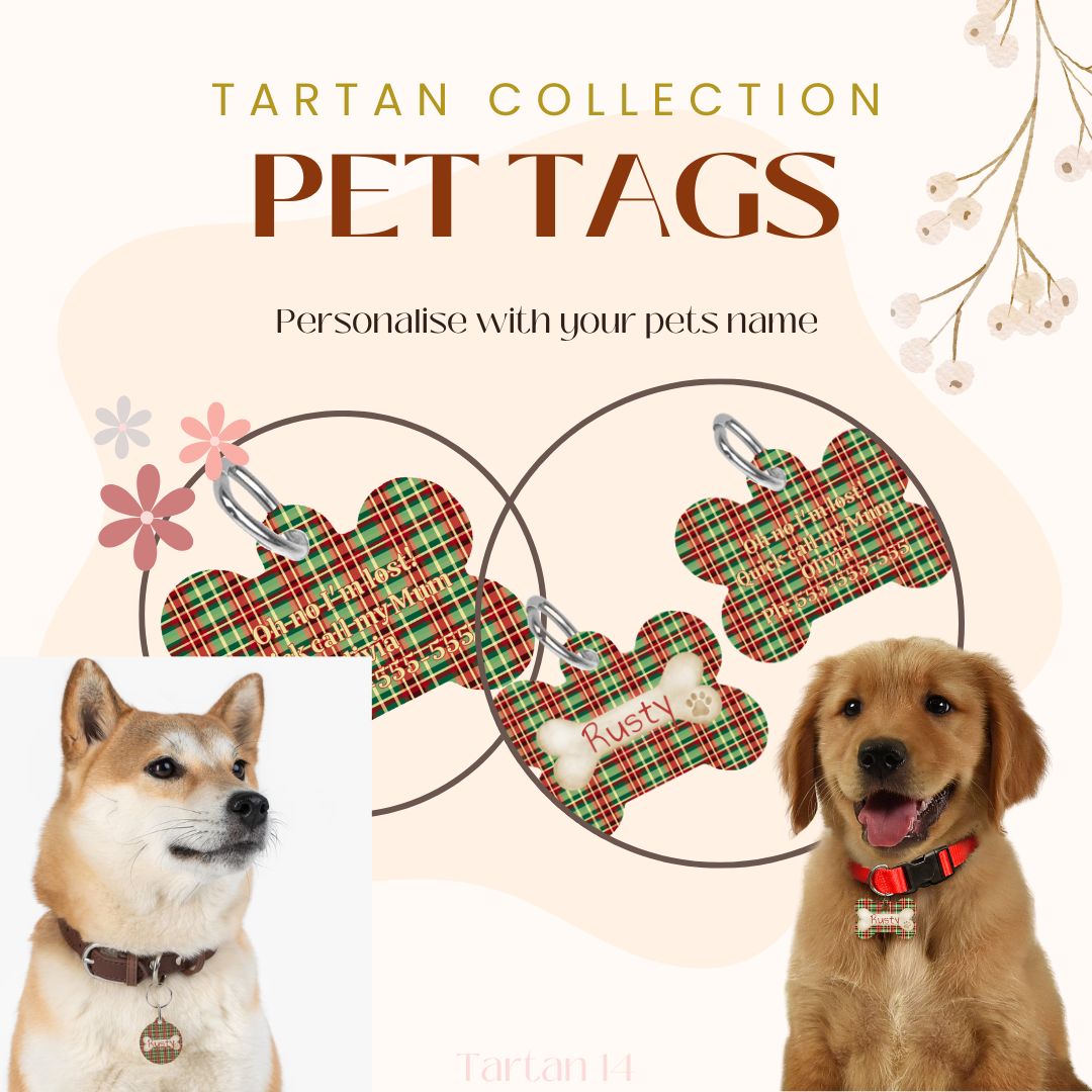 Tartan Collection 14 - Pet Tag Round and Bone Shape, Collar, Bandana, Lead, Dinner Bowl, Pet Bed