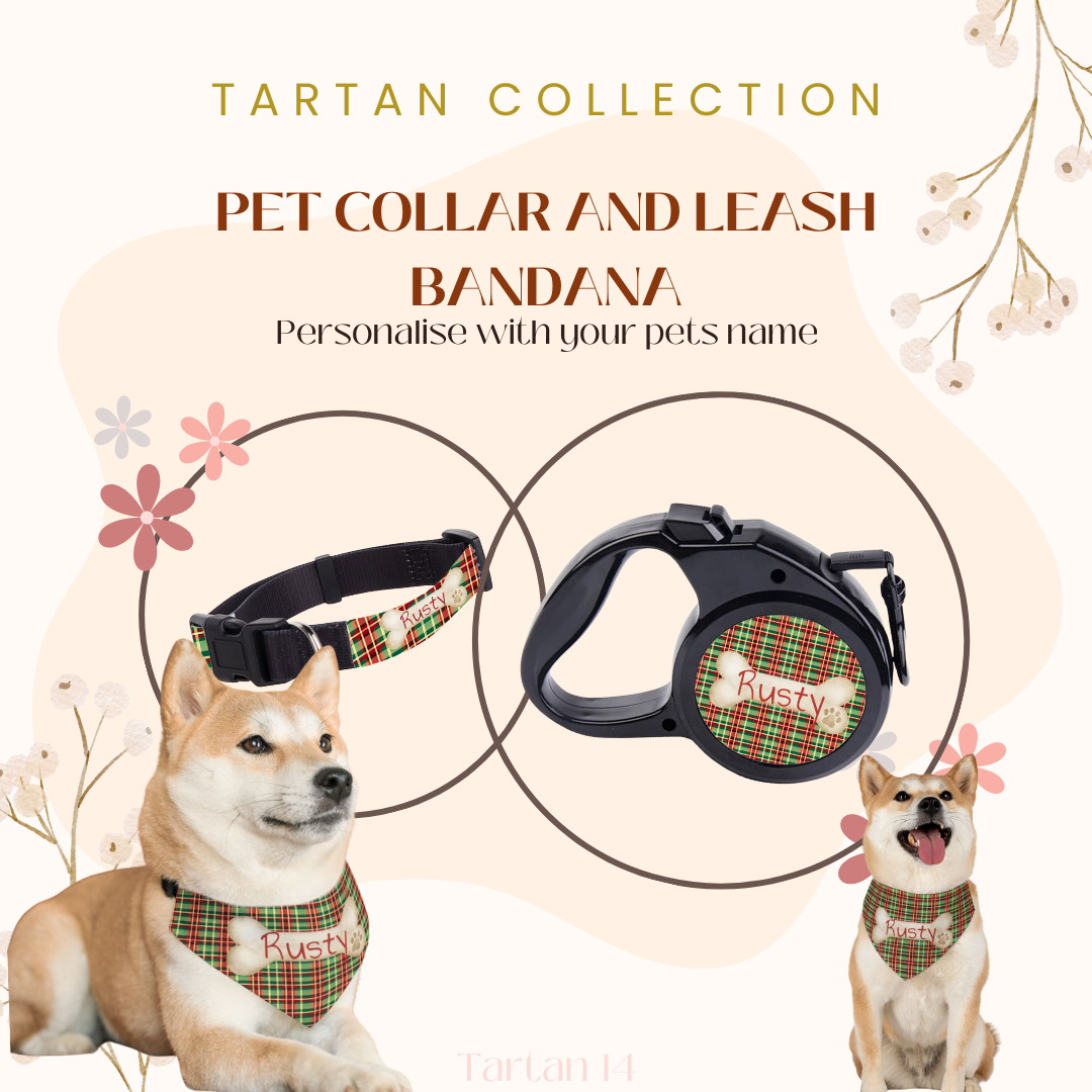 Tartan Collection 14 - Pet Tag Round and Bone Shape, Collar, Bandana, Lead, Dinner Bowl, Pet Bed