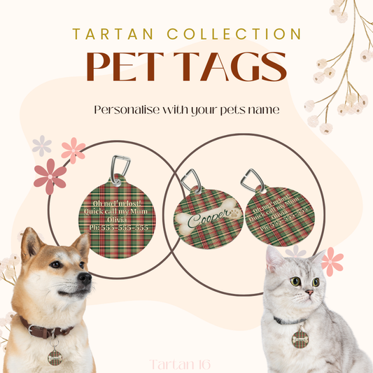 Tartan Collection 16 - Pet Tag Round and Bone Shape, Bandana, Lead, Dinner Bowl, Pet Bed