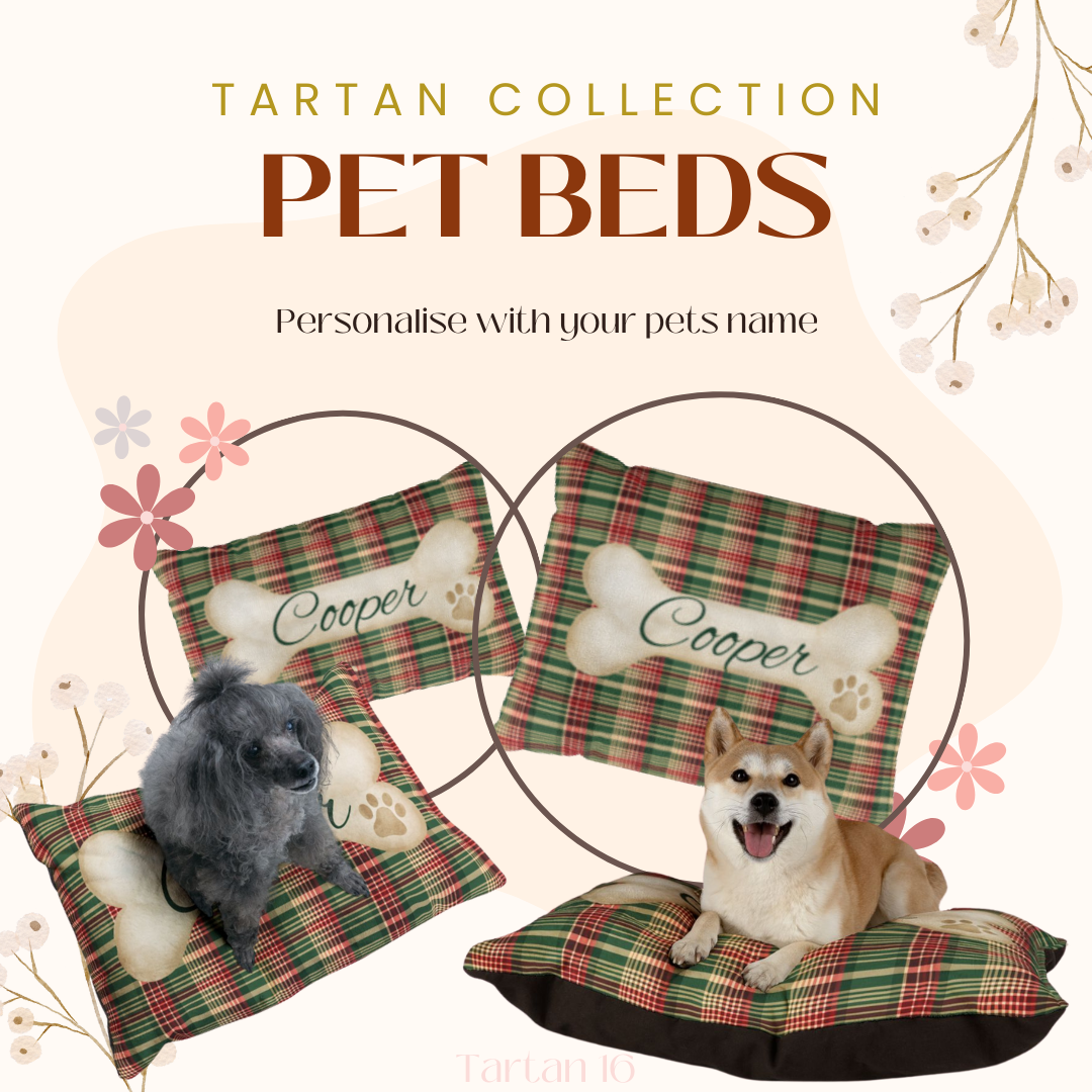 Tartan Collection 16 - Pet Tag Round and Bone Shape, Bandana, Lead, Dinner Bowl, Pet Bed