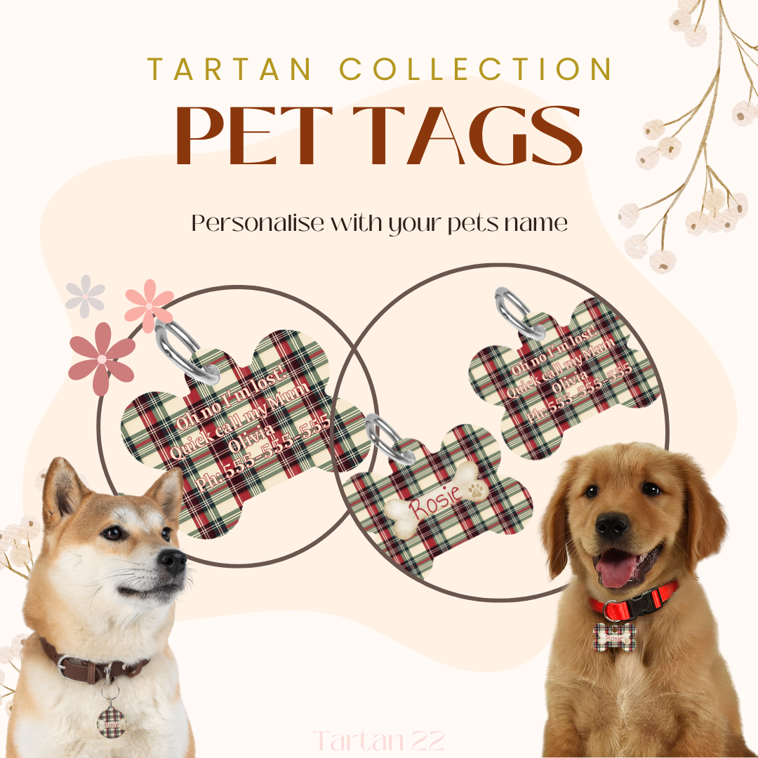 Tartan Collection 22 - Pet Tag Round and Bone Shape, Bandana, Lead, Dinner Bowl, Pet Bed