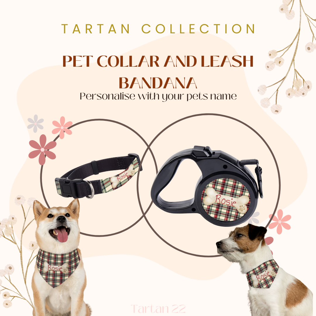 Tartan Collection 22 - Pet Tag Round and Bone Shape, Bandana, Lead, Dinner Bowl, Pet Bed