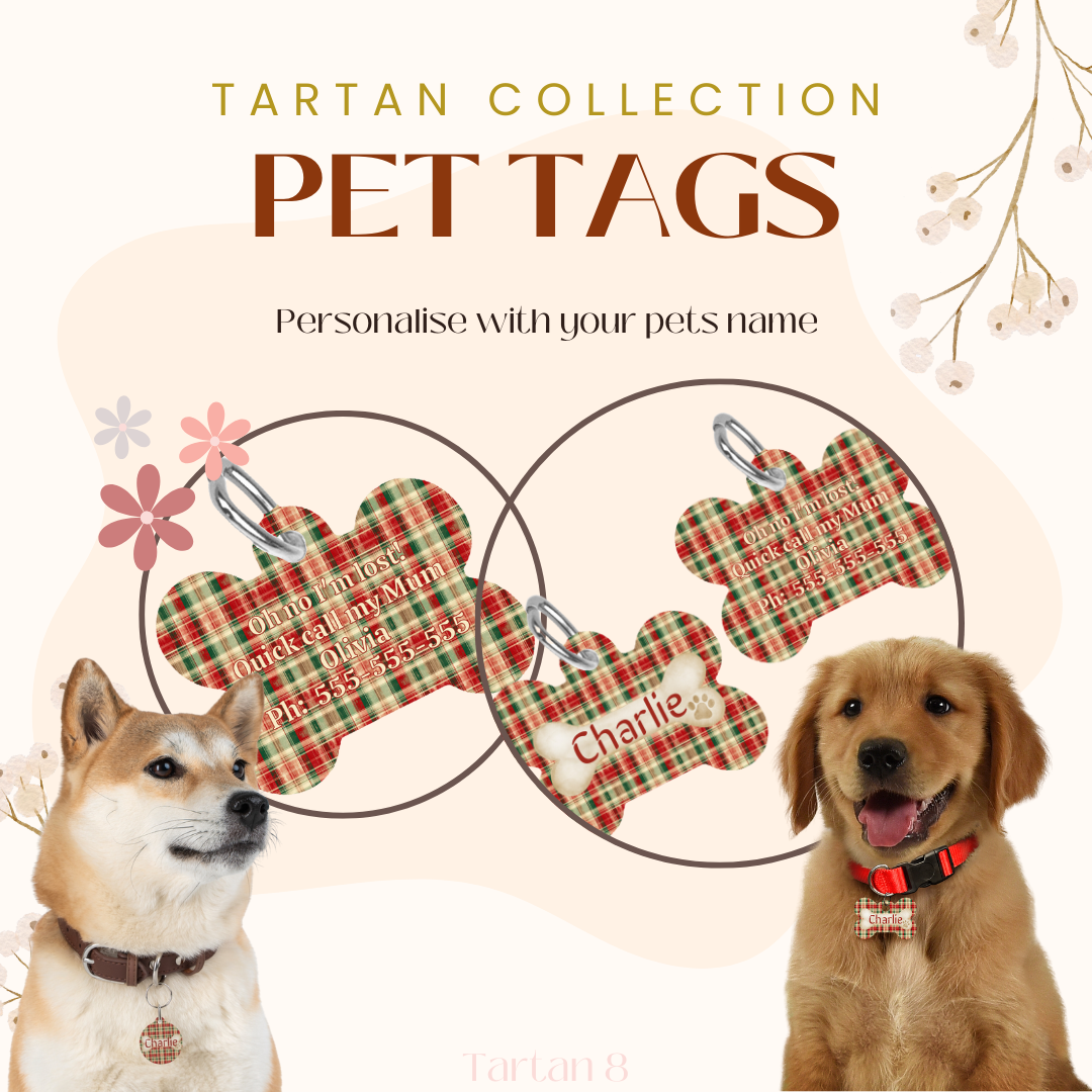 Tartan Collection 8 - Pet Tag Round and Bone Shape, Bandana, Lead, Dinner Bowl, Pet Bed