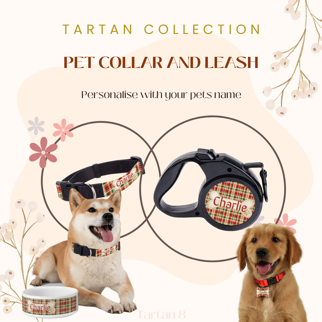 Tartan Collection 8 - Pet Tag Round and Bone Shape, Bandana, Lead, Dinner Bowl, Pet Bed