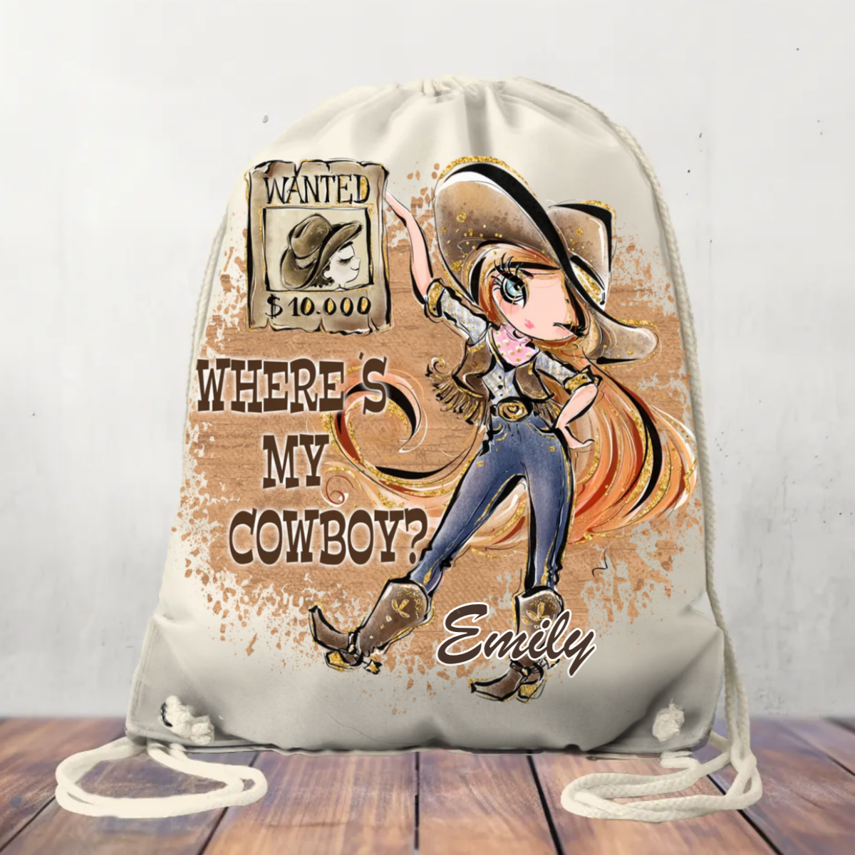 Canvas Drawstring Bag Where's My Cowboy