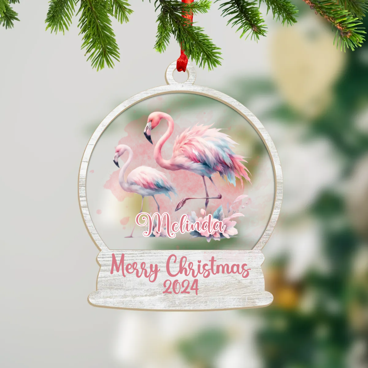 Wood and Acrylic Ornament Personalised Flamingos