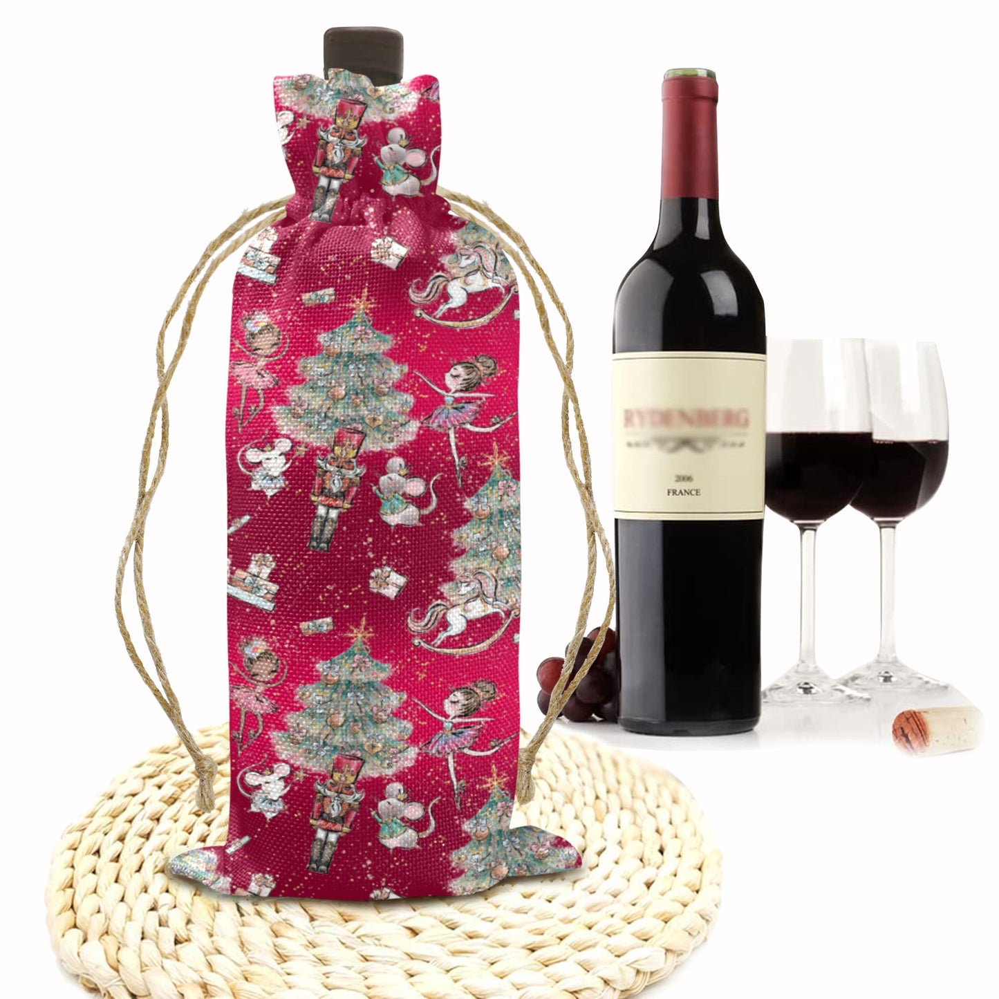 Red Sugar Plum Xmas Linen Wine Bottle Bag