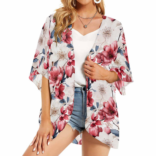 Pink Floral Small  Women's Kimono Chiffon Cover Up