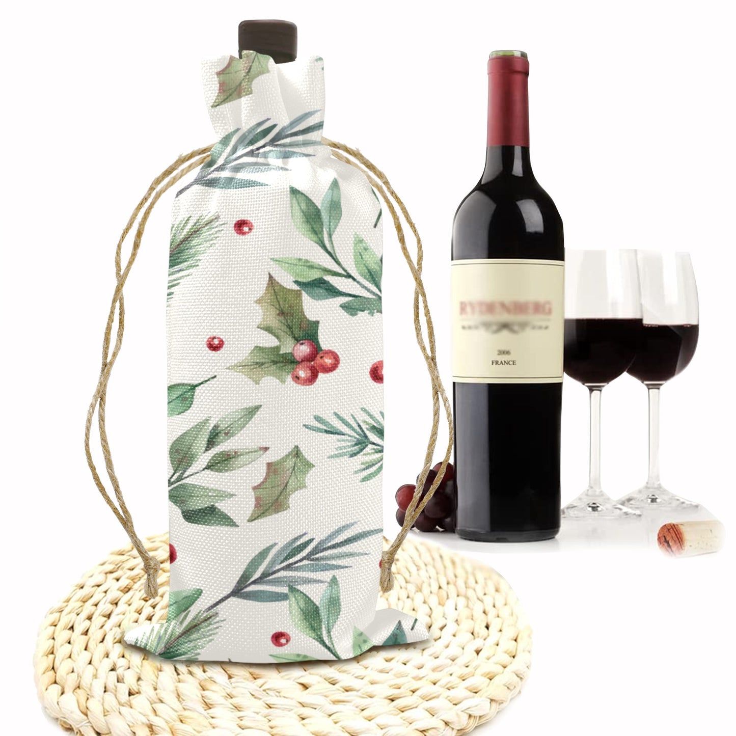 poinsettia leaves Linen Wine Bottle Bag