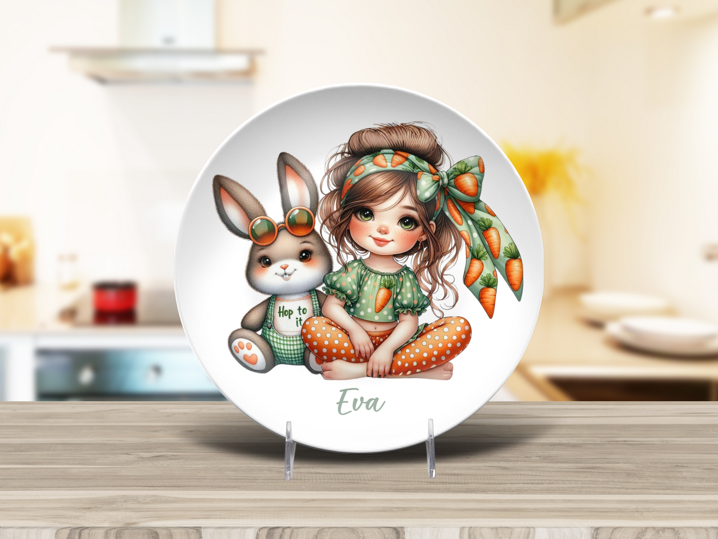 Personalised Girl with Bunny, Cow, Monkey, Penguin, Puppy, Racoon, Swan, Teddy Bear, Zebra Plates