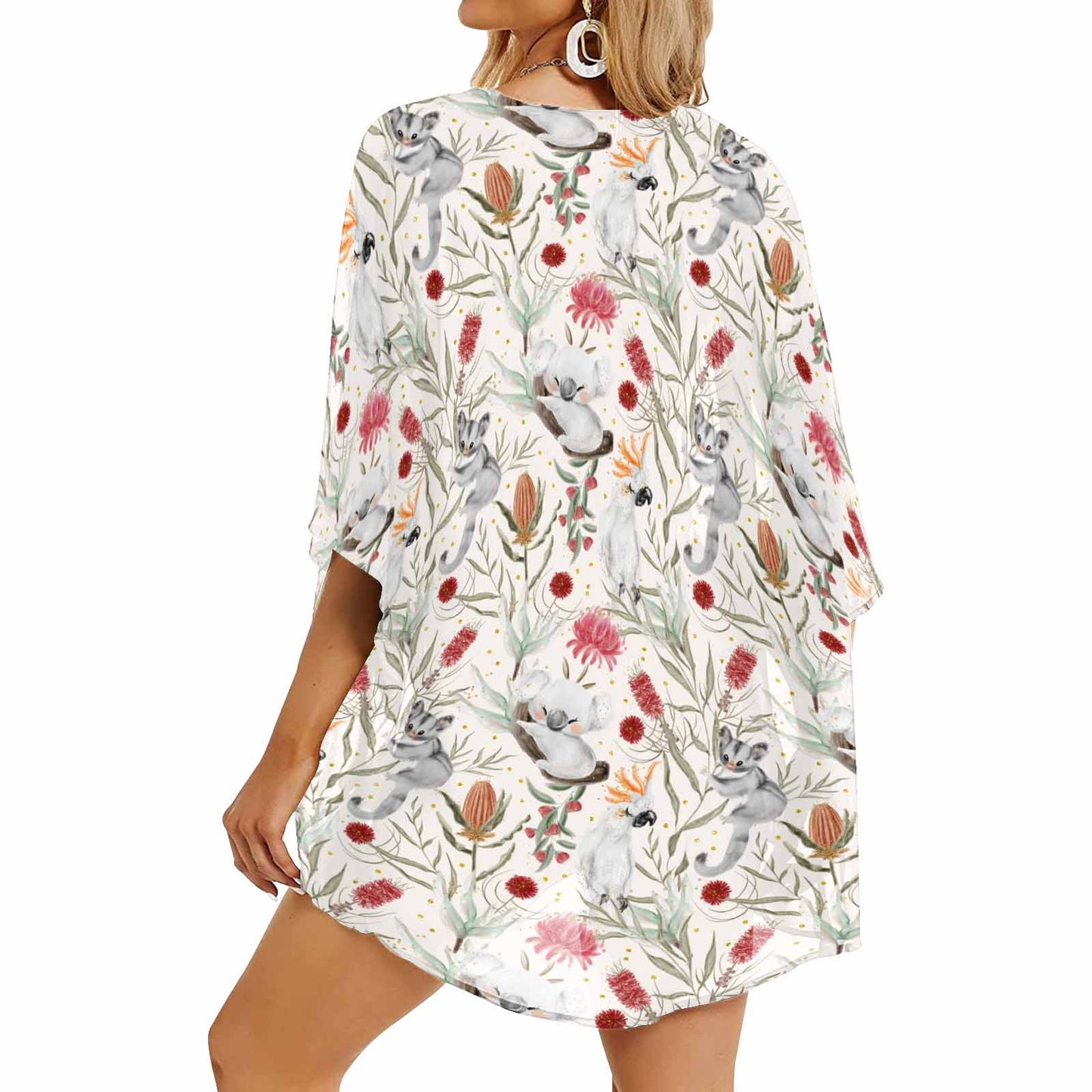 Australian Animals, Koala Cockatoo and Sugar Glider Women's Kimono Chiffon Cover Up