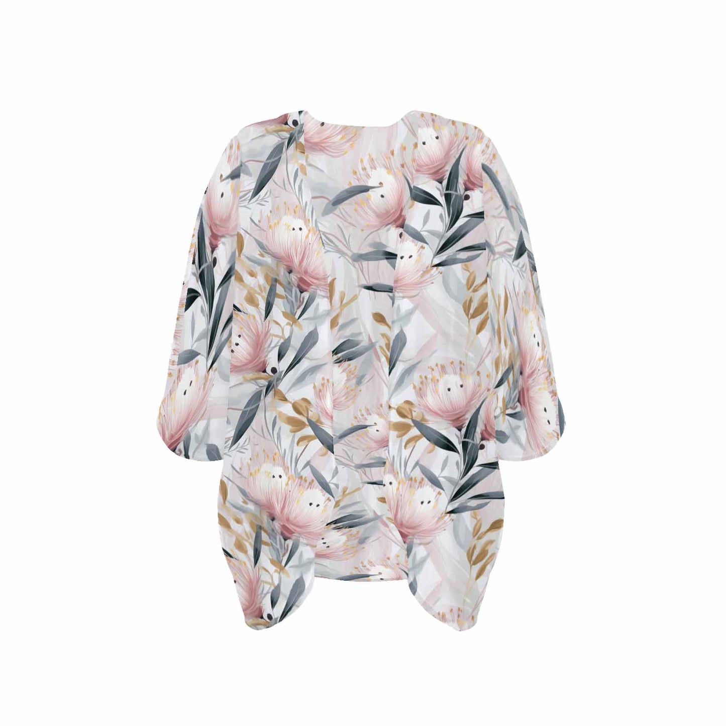 Australian Floral Pink & Grey Women's Kimono Chiffon Cover Up