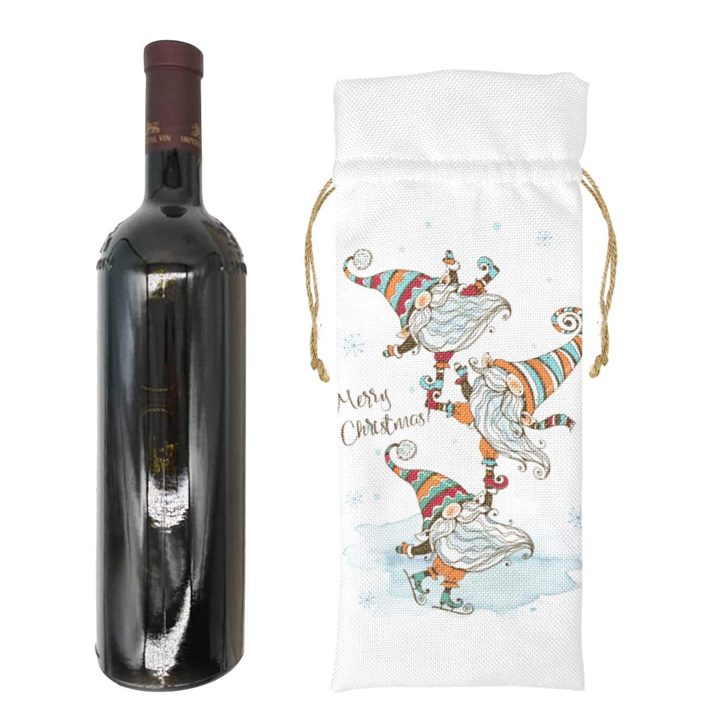 Merry Christmas Whimsical Gnomes Linen Wine Bottle Bag