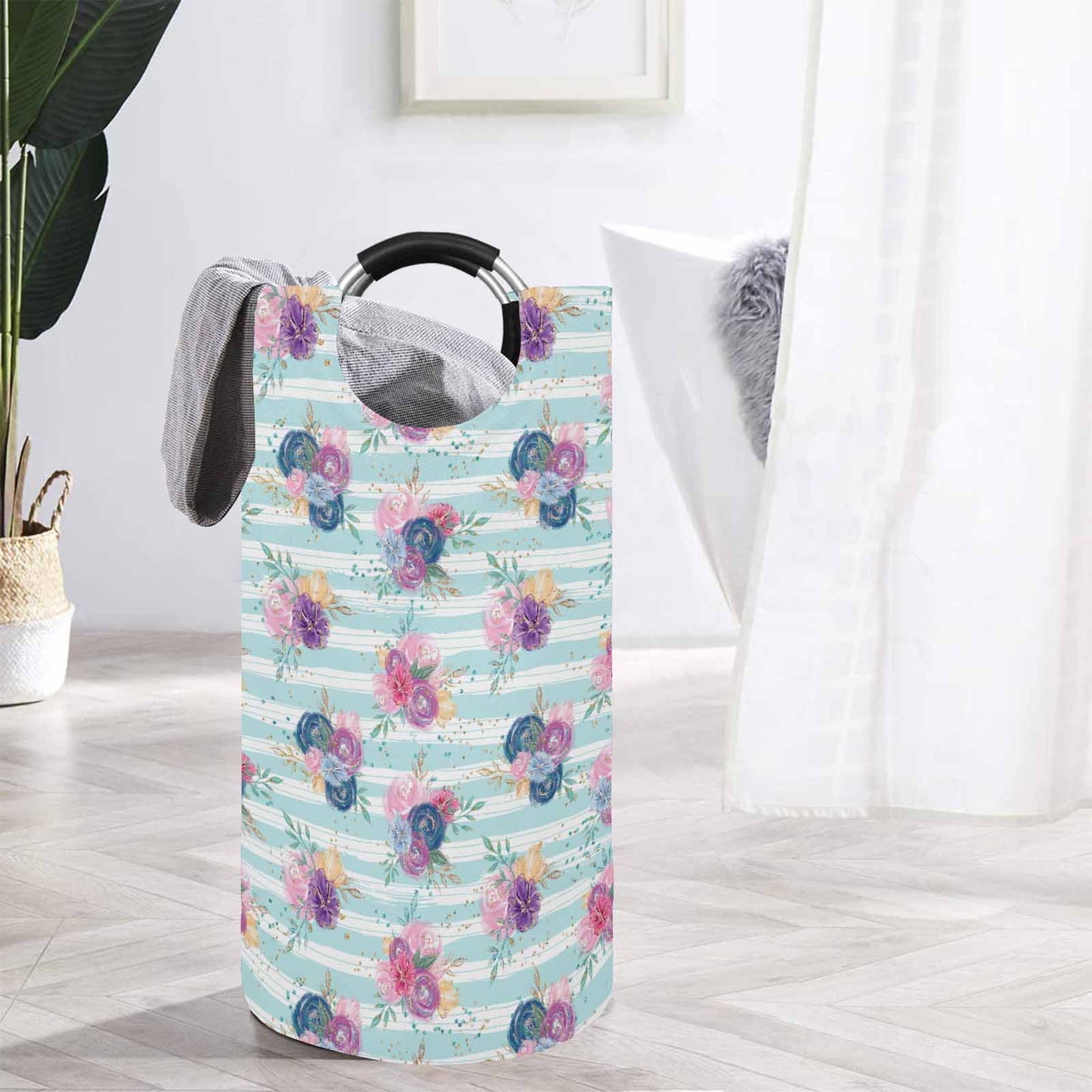 Purple and Pink floral Blue Stripes  Round Laundry Basket