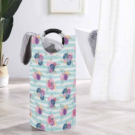 Purple and Pink floral Blue Stripes  Round Laundry Basket