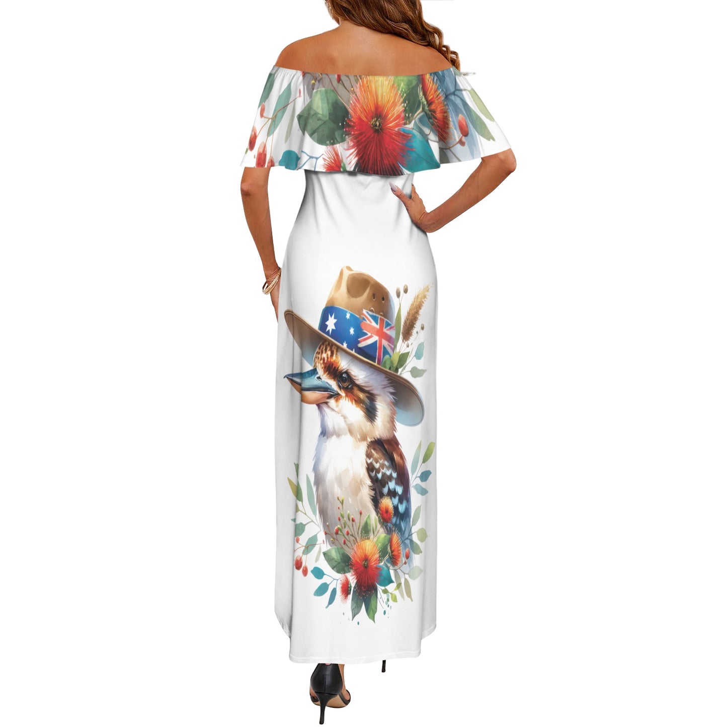 Kookaburra awd1338 Women's Off Shoulder Ruffle Boat Neck Dress (Model D71)