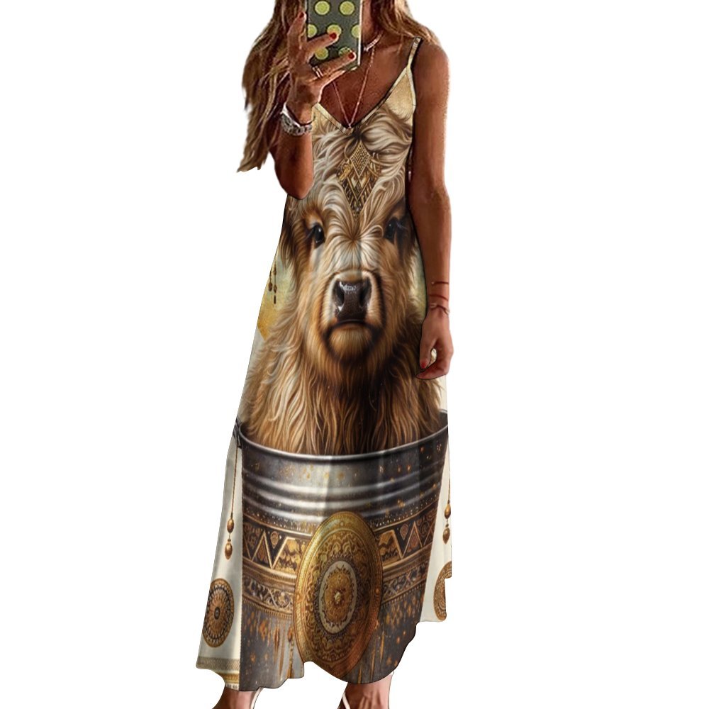 Highlander Cow Spaghetti Strap Ankle-Length Dress Long dress