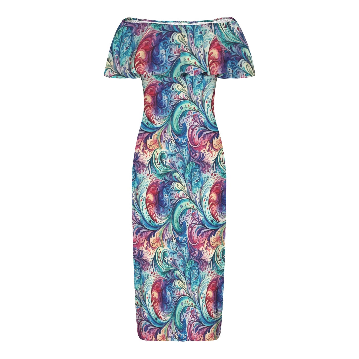 Rainbow Paisley Women's Off Shoulder Ruffle Boat Neck Dress (Model D71)