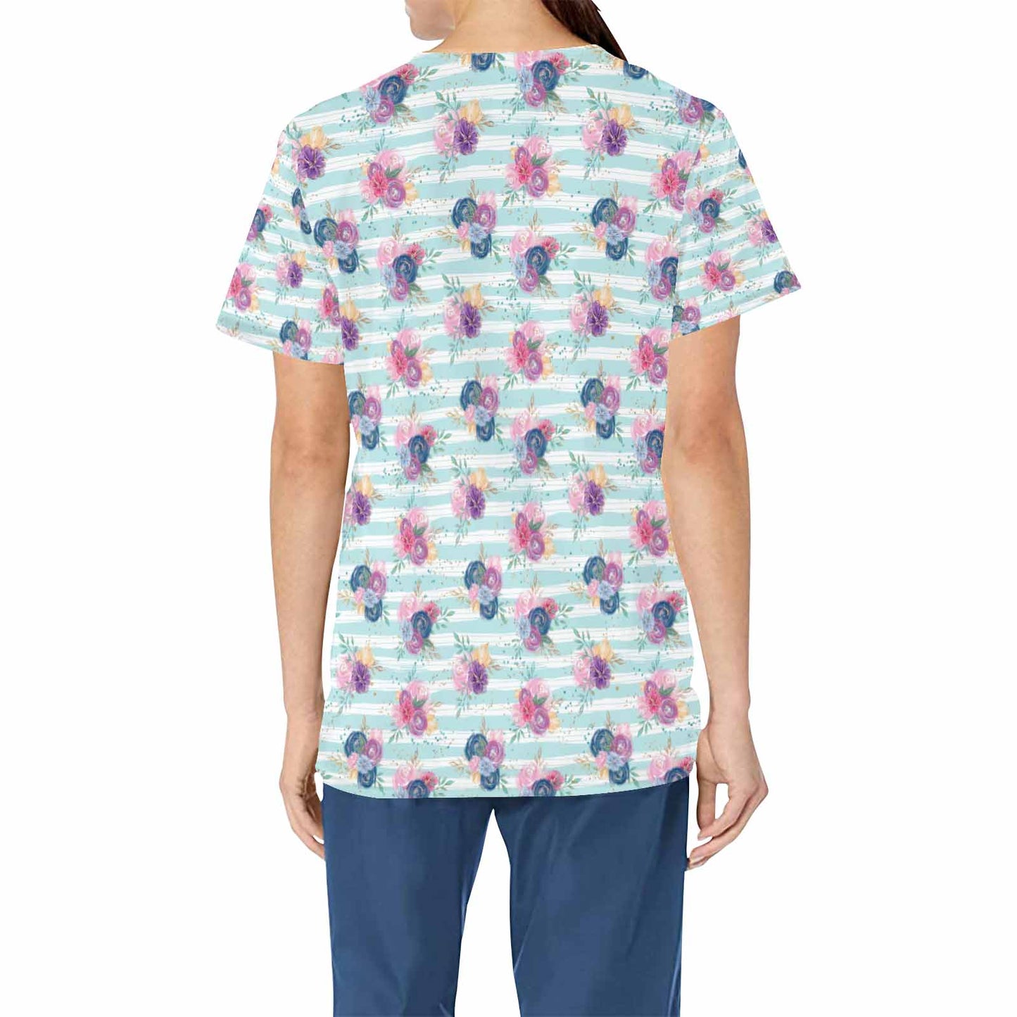 Blue Candy Stripe Roses  Women's V Neck Scrub Top Nurse Uniform with Deep Front Pockets