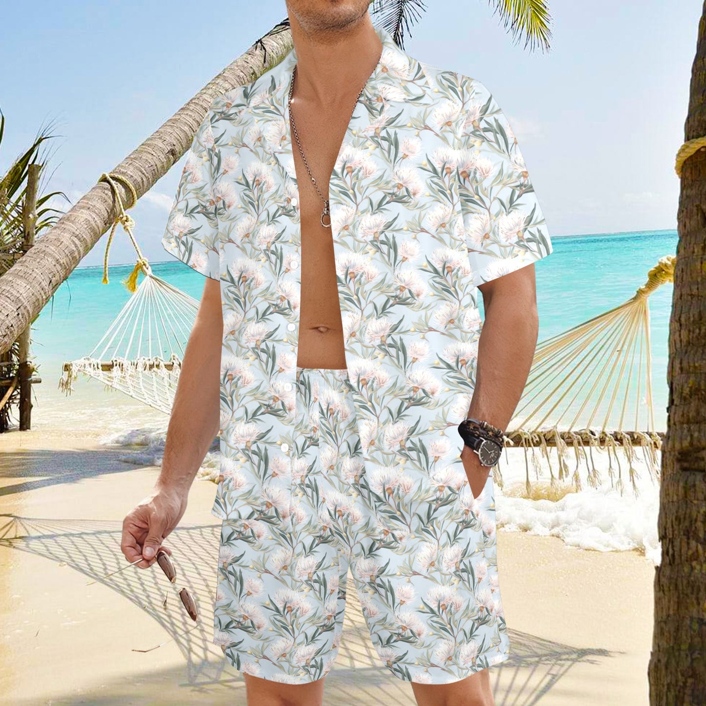 Men's Shirt & Shorts Set Boho Australian Flowers Blue Men's Shirt and Shorts Outfit (Set26)