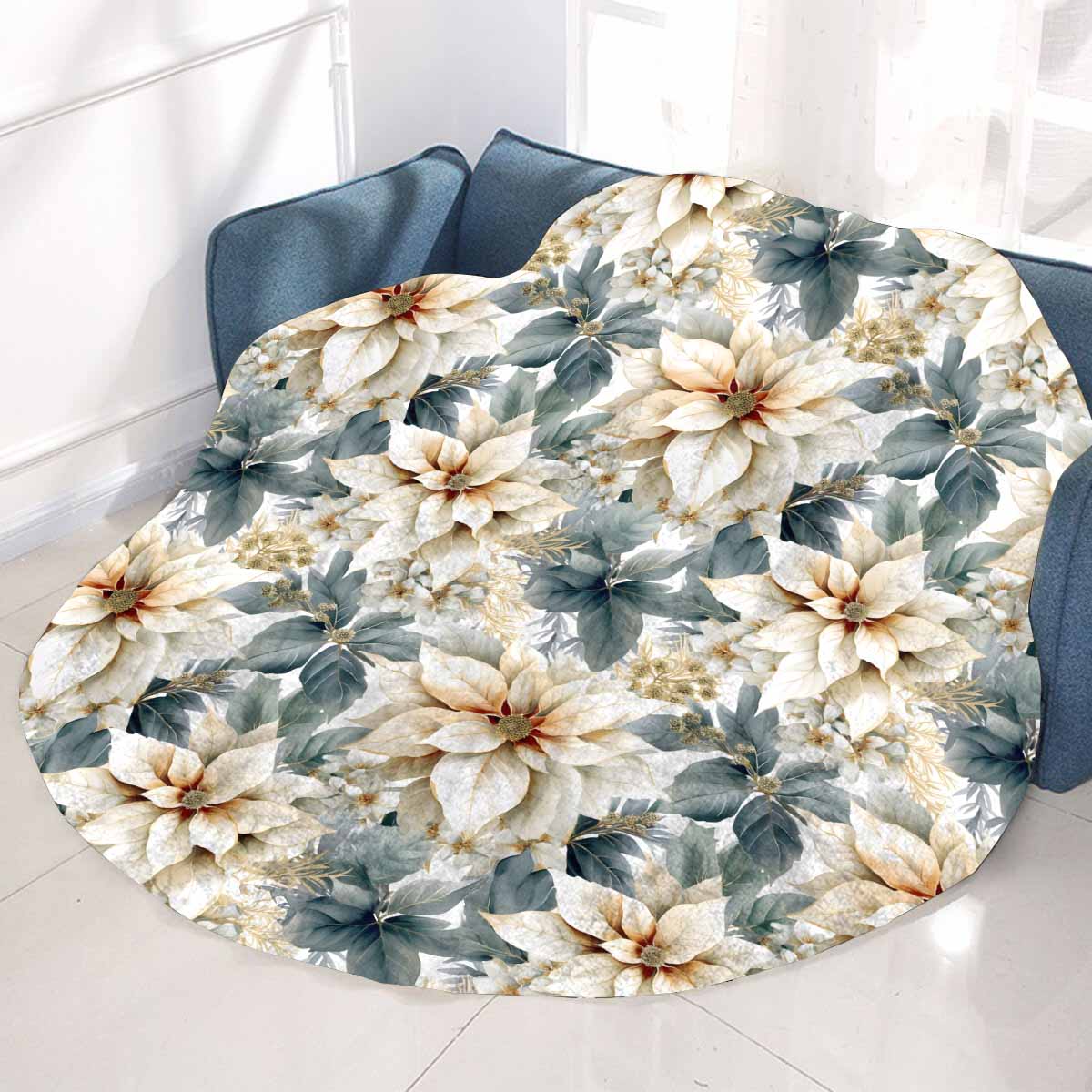 Cream Poinsettia  Circular Micro Fleece Blanket 60"