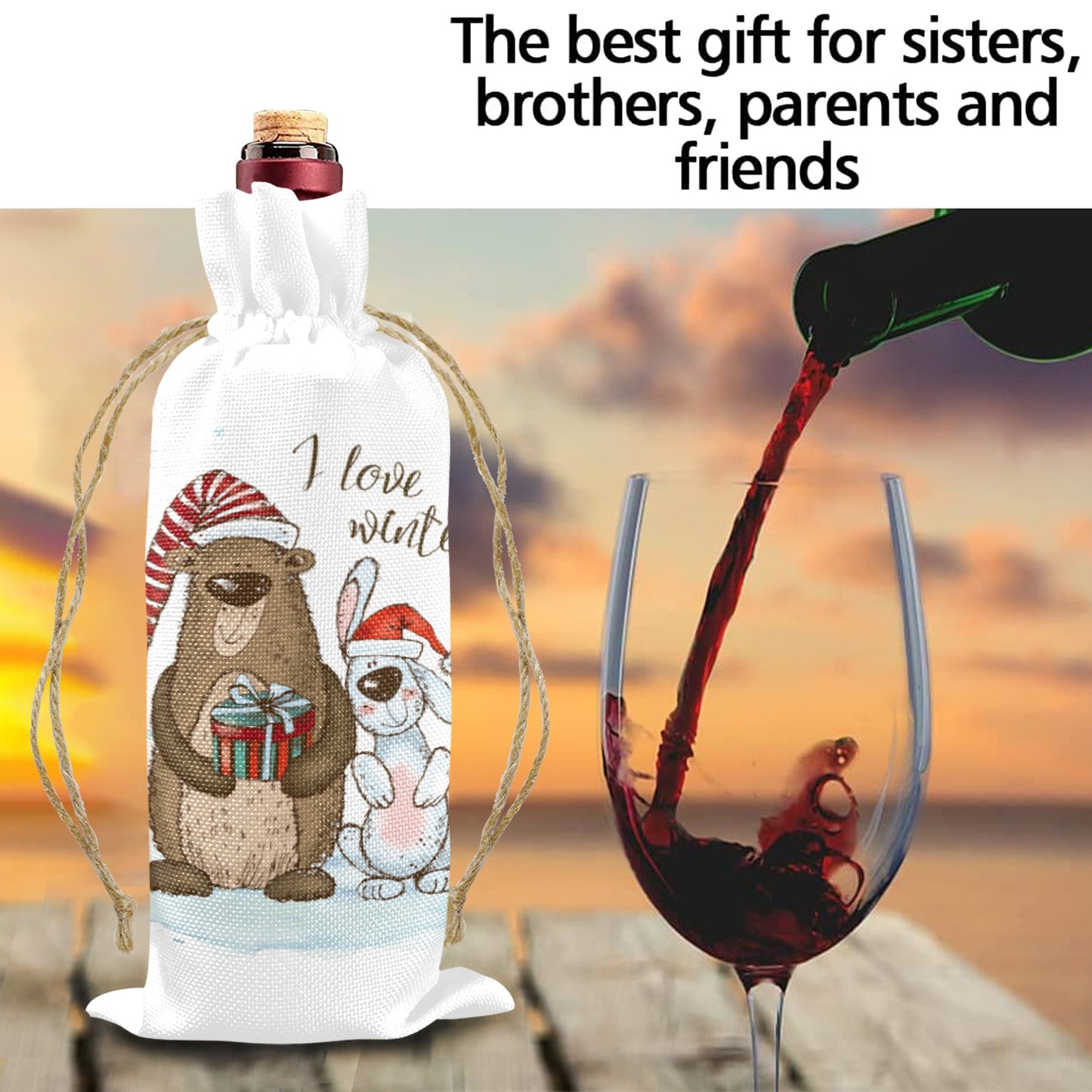 Whimsical Bear and Dog I Love Winter Linen Wine Bottle Bag