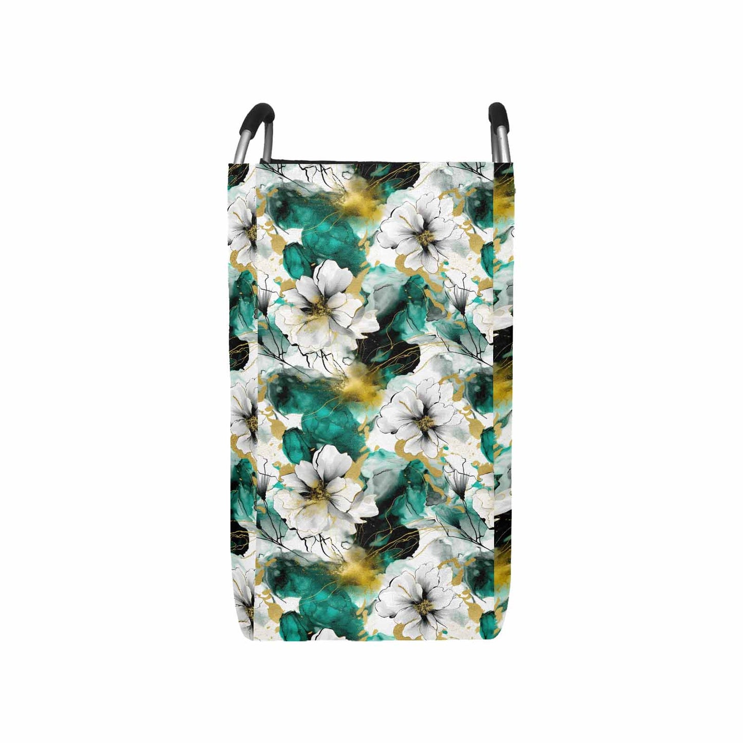 Green and White Ink Floral  Square Laundry Basket