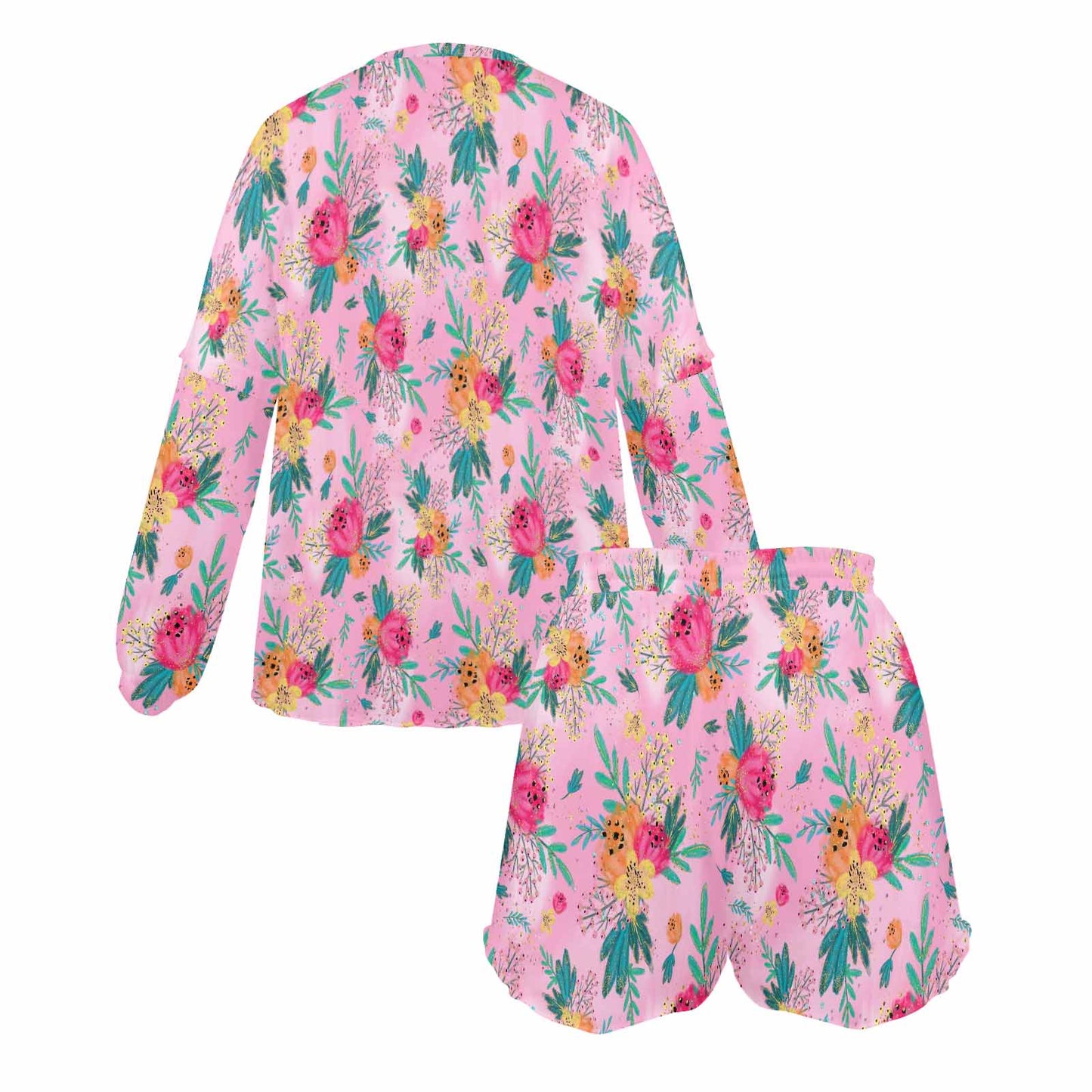 Australian Floral Pink Women's Long Sleeve Pajama Set with Shorts