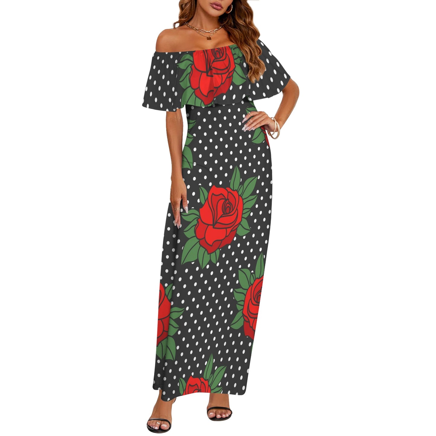 Rockabilly Roses Red Black White Women's Off Shoulder Ruffle Boat Neck Dress (Model D71)