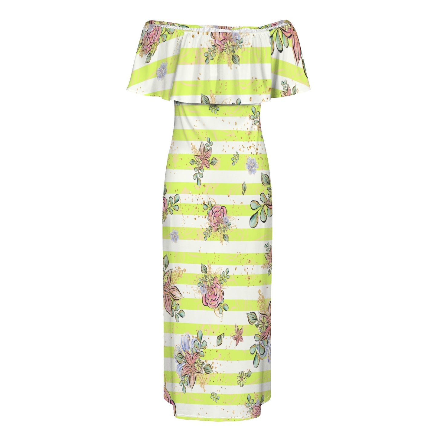 Floral Yellow Stripe Women's Off Shoulder Ruffle Boat Neck Dress (Model D71)