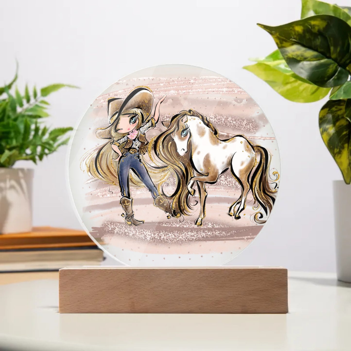 Personalised Round Acrylic Howdy Cowgirl and Horse, Wooden base or Night Light