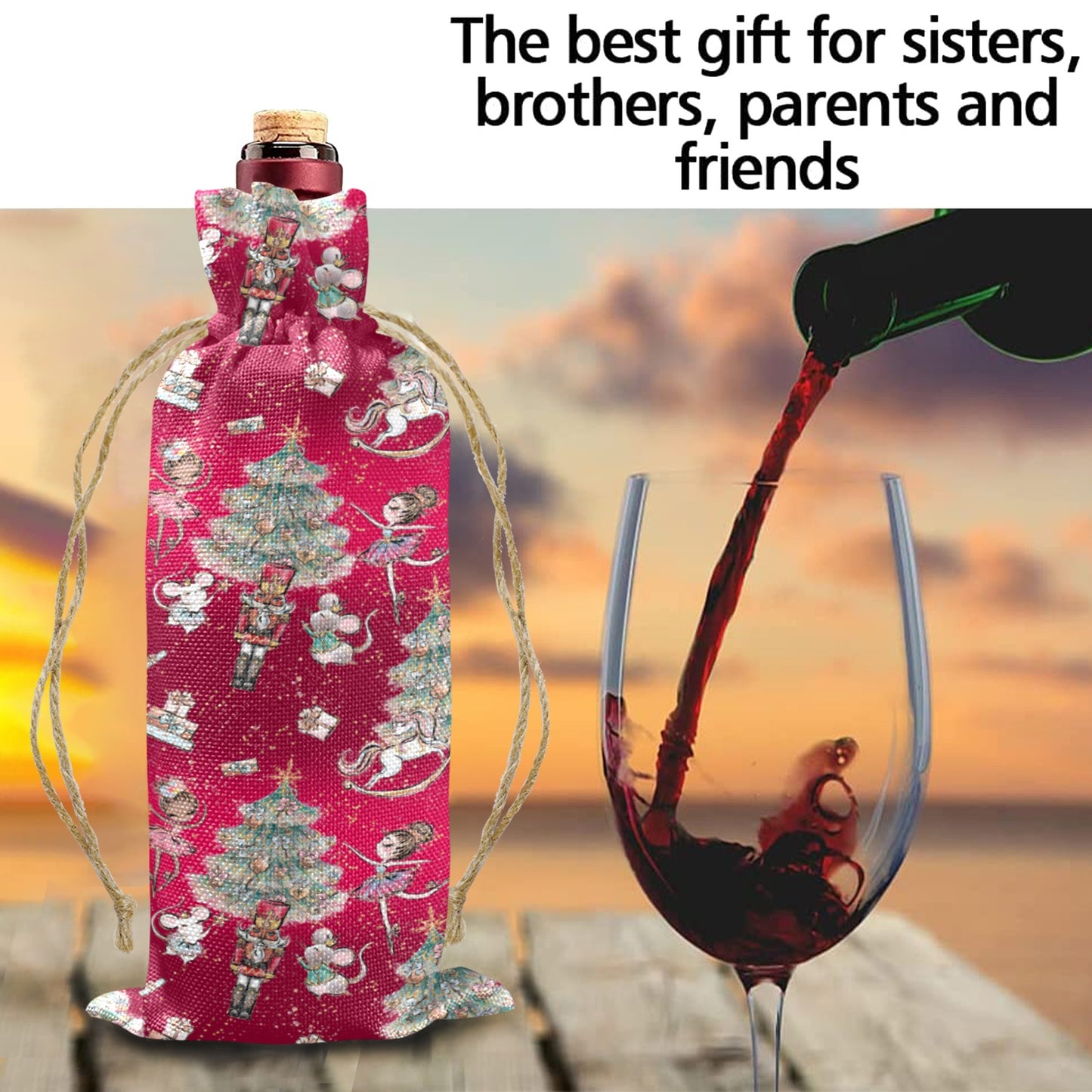 Red Sugar Plum Xmas Linen Wine Bottle Bag