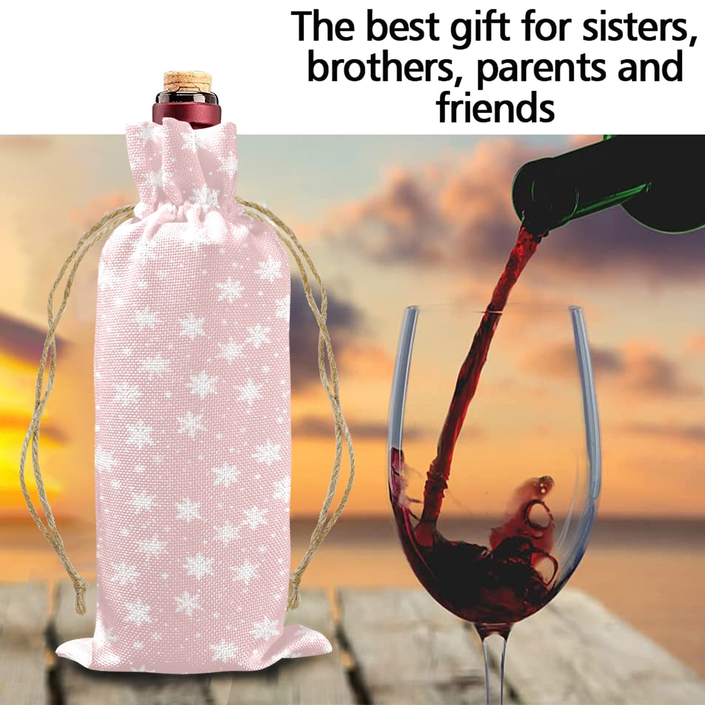 Pink Snowflakes Linen Wine Bottle Bag