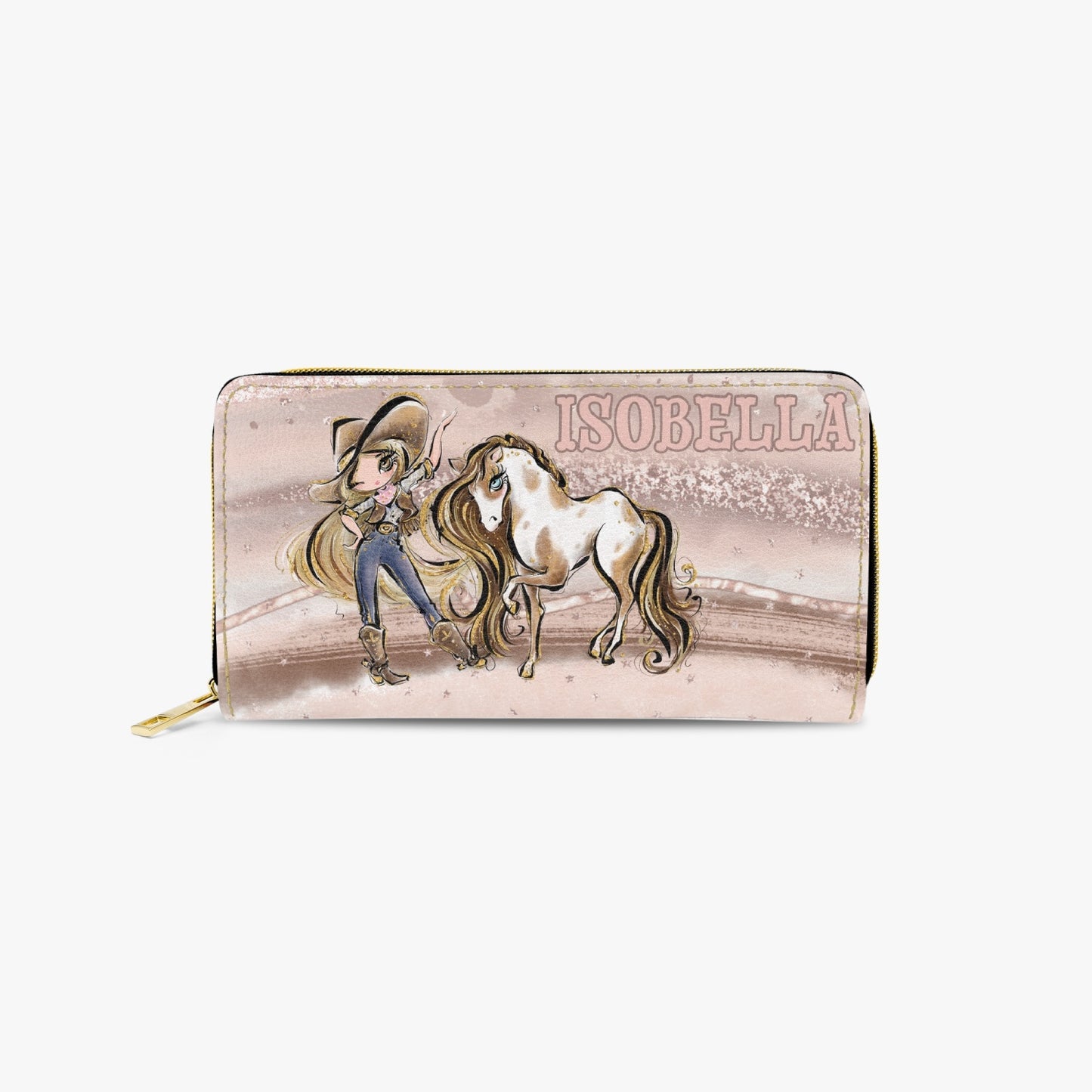 Long Type Zipper Purse, Howdy, Cowgirl & Horse, Blonde Hair Brown Eyes, Personalised