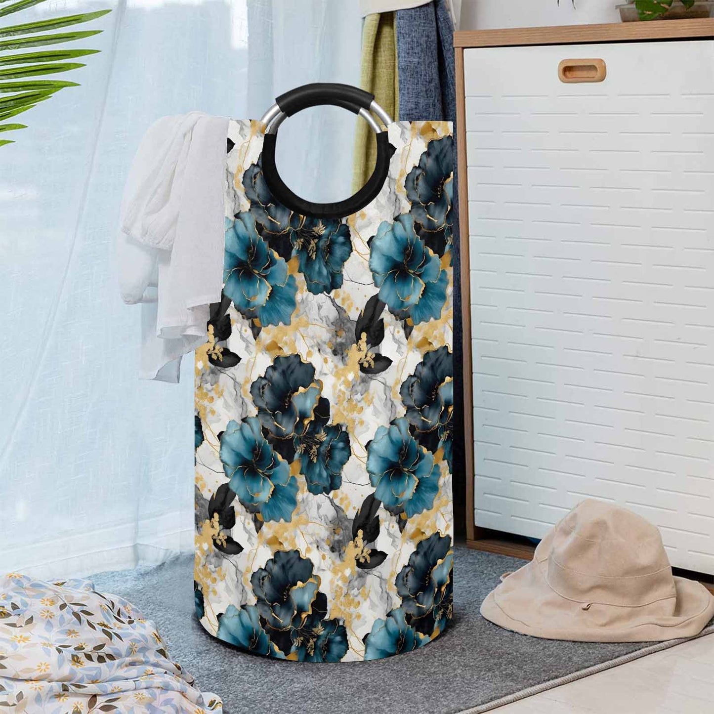 Blue & Gold Ink Floral  Round Laundry Basket