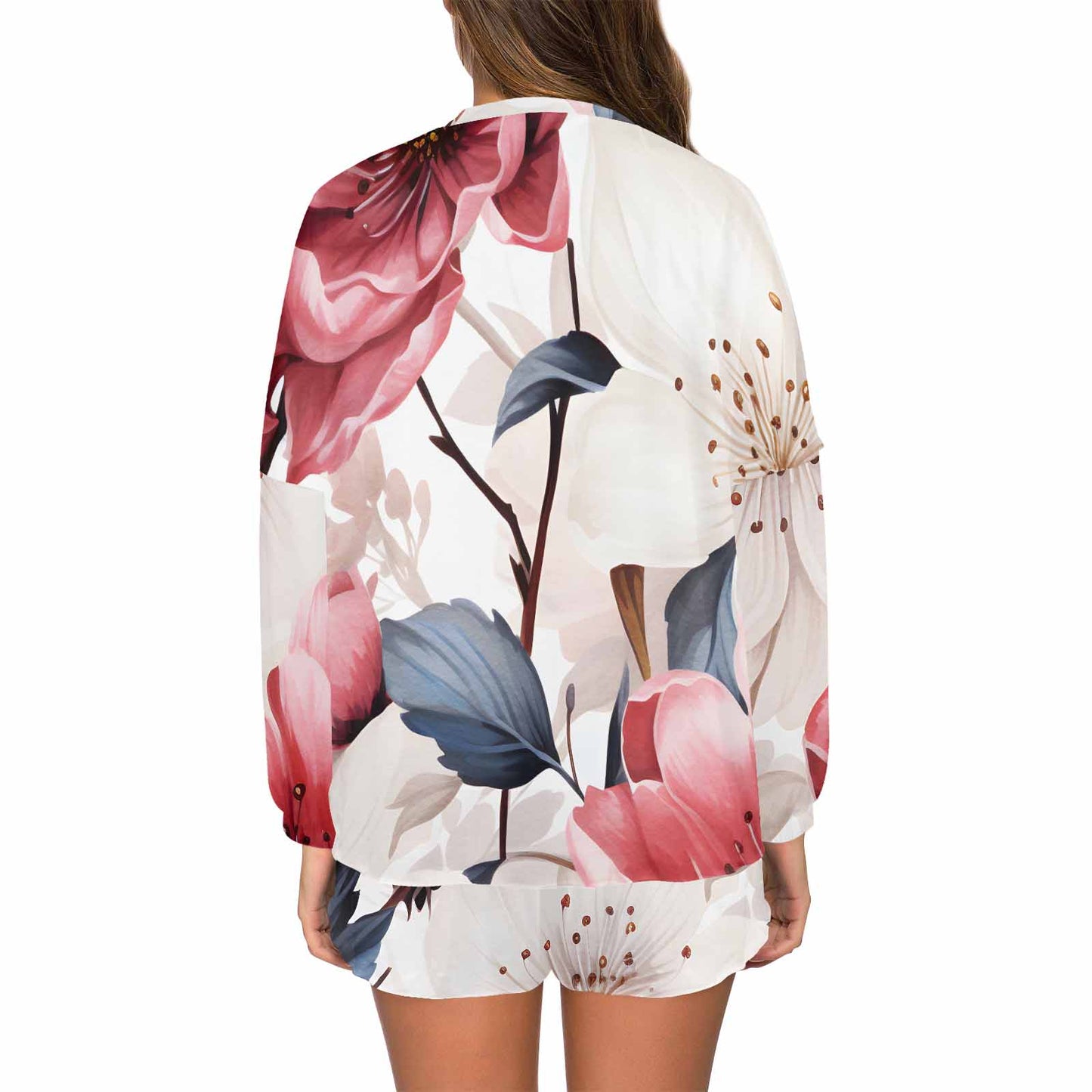 Pink Floral  Women's Long Sleeve Pajama Set with Shorts