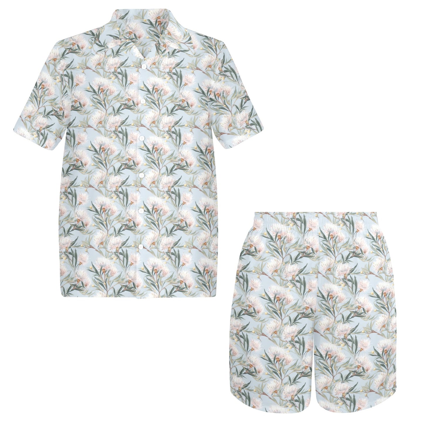 Men's Shirt & Shorts Set Boho Australian Flowers Blue Men's Shirt and Shorts Outfit (Set26)