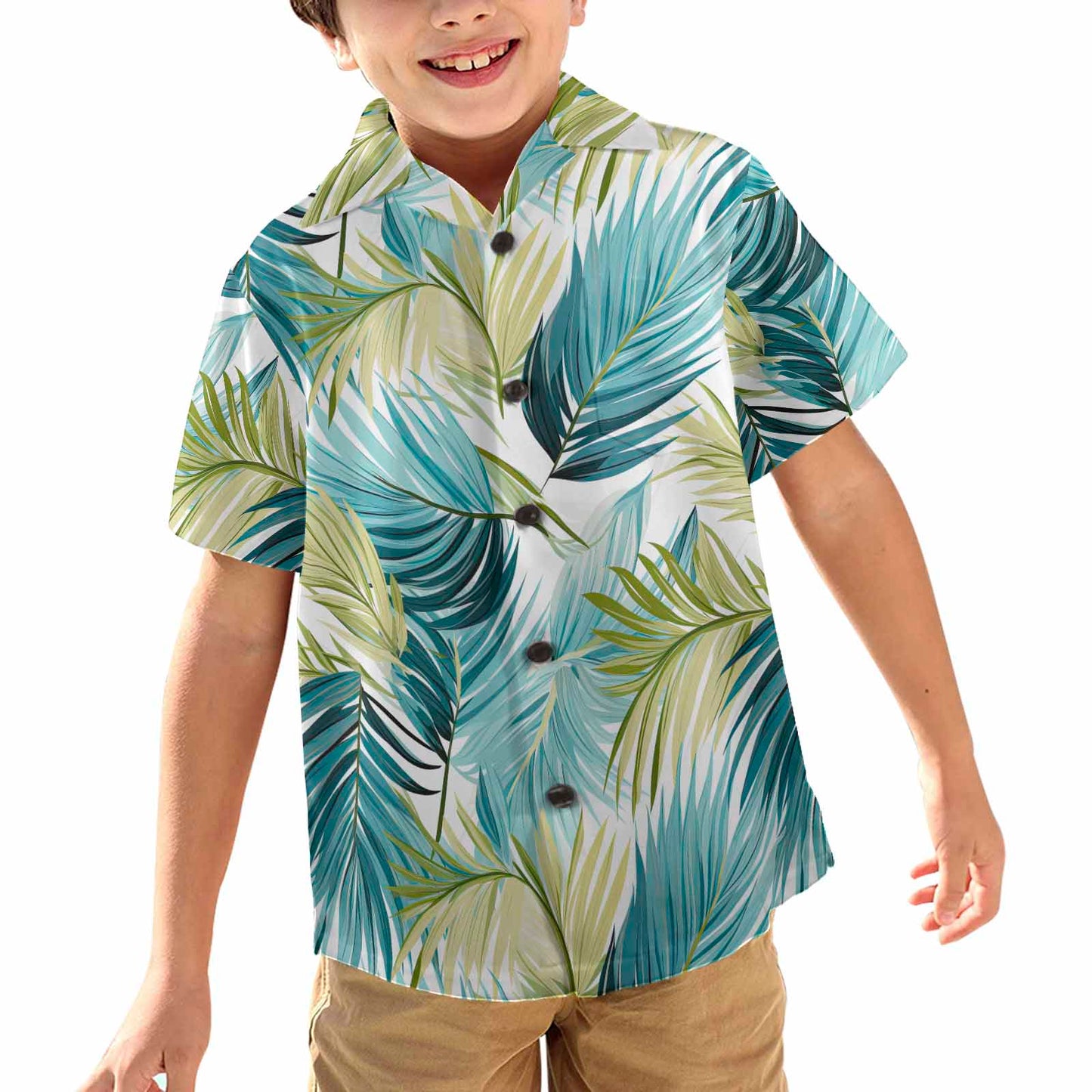 Palm Leaves Blue Green  Little Boys Hawaiian Shirt