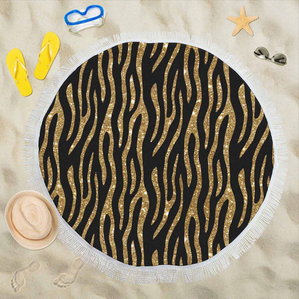 Black and Gold Glitter Leopard Print  Circular Beach Shawl 59"