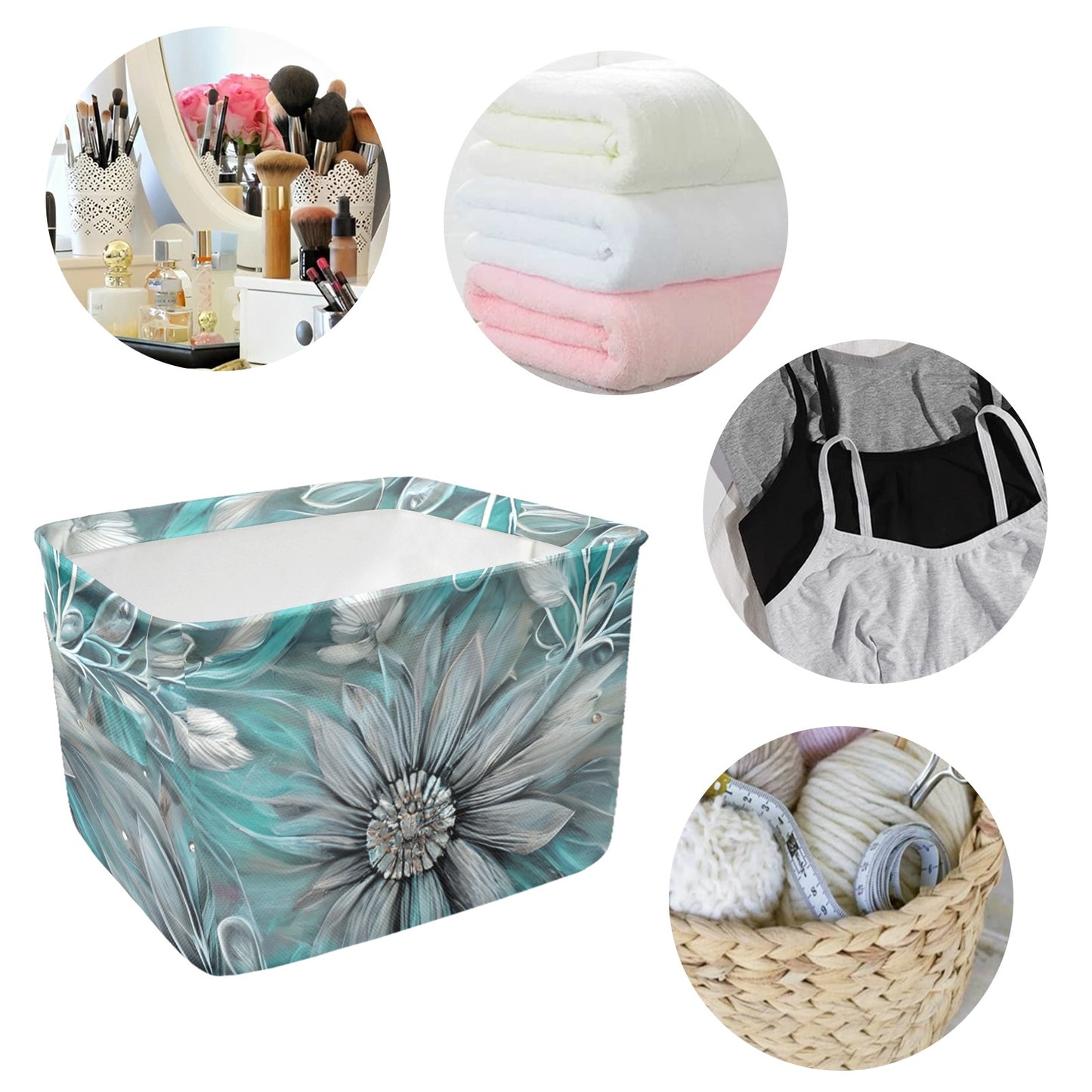 Green Elegant Large Print Floral Fabric Storage Basket