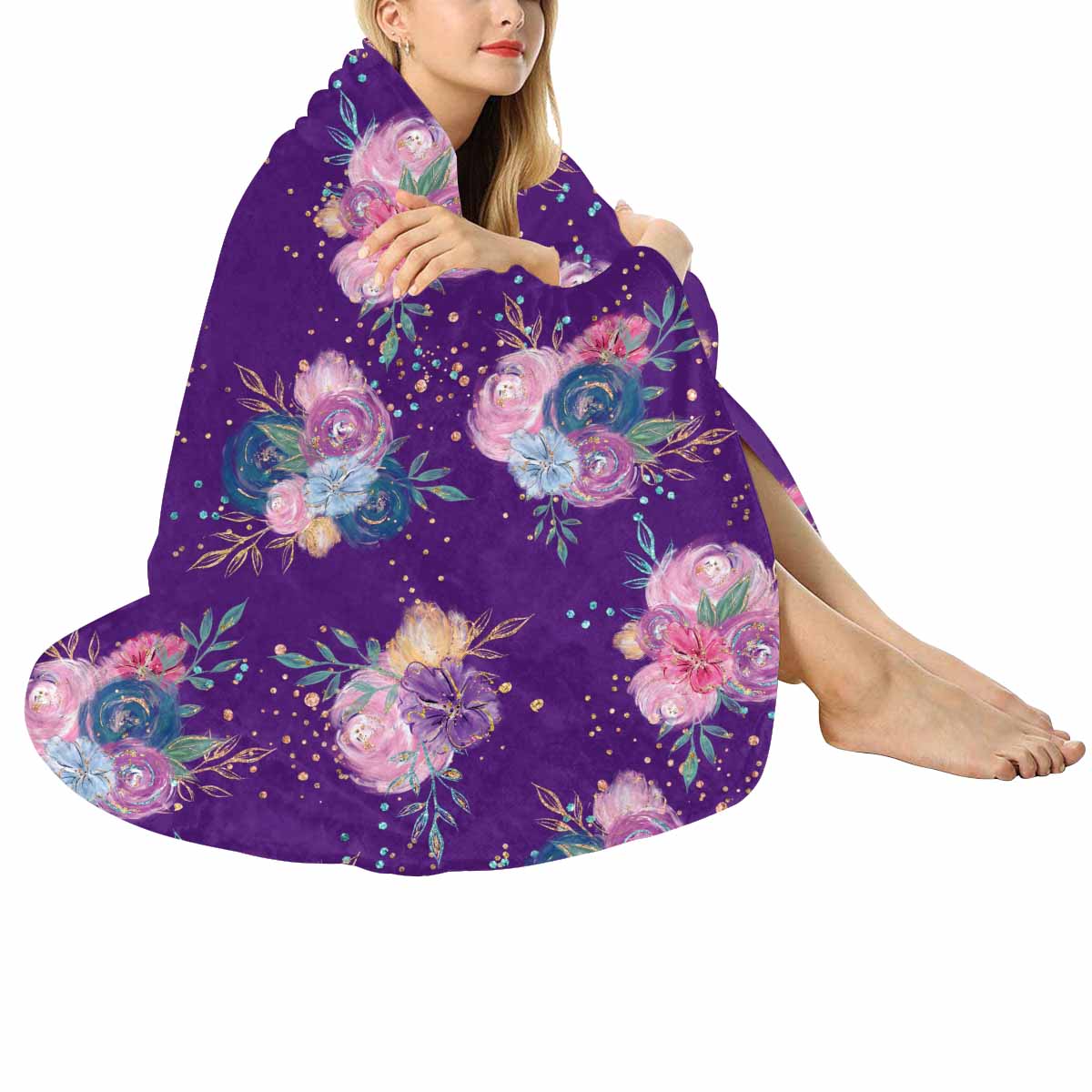 Purple Floral  Circular Micro Fleece Blanket 47"