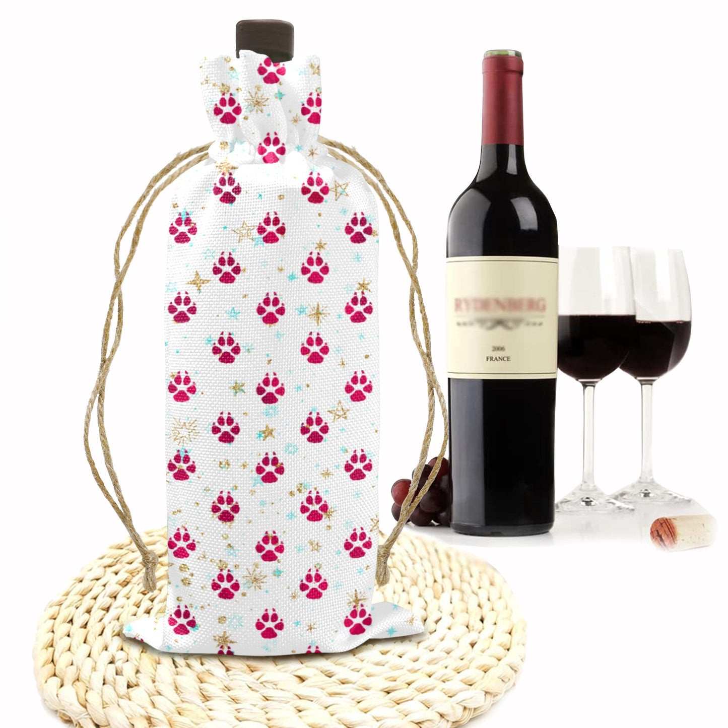 Dog Paws Red Linen Wine Bottle Bag