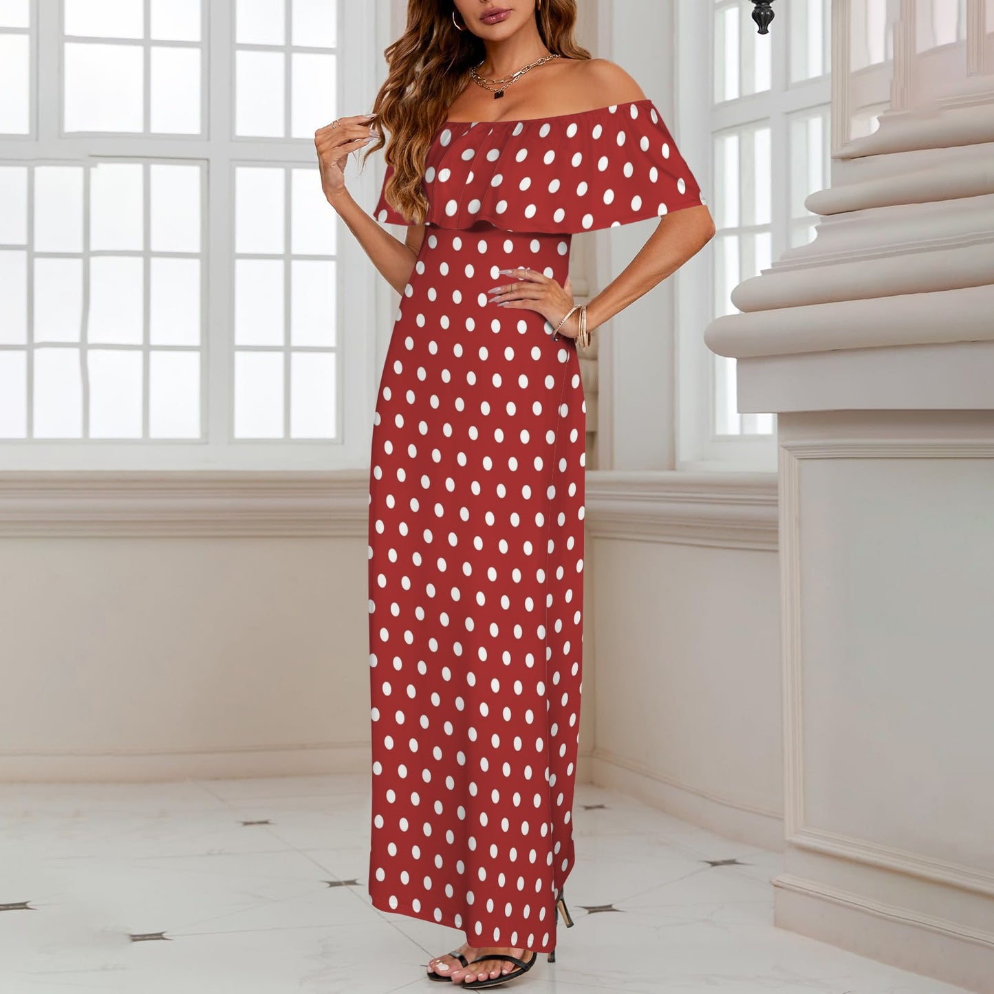 Rockabilly Red White Polka Dots Women's Off Shoulder Ruffle Boat Neck Dress (Model D71)
