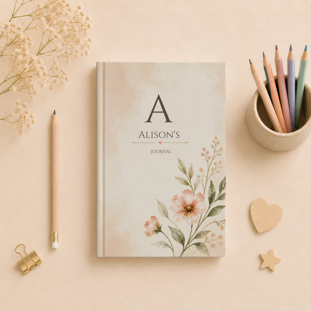 Personalized Floral Journal, Custom Name, Hardcover Notebook, Matte Finish, Stylish Writing, Gift for Writers, Elegant Stationery