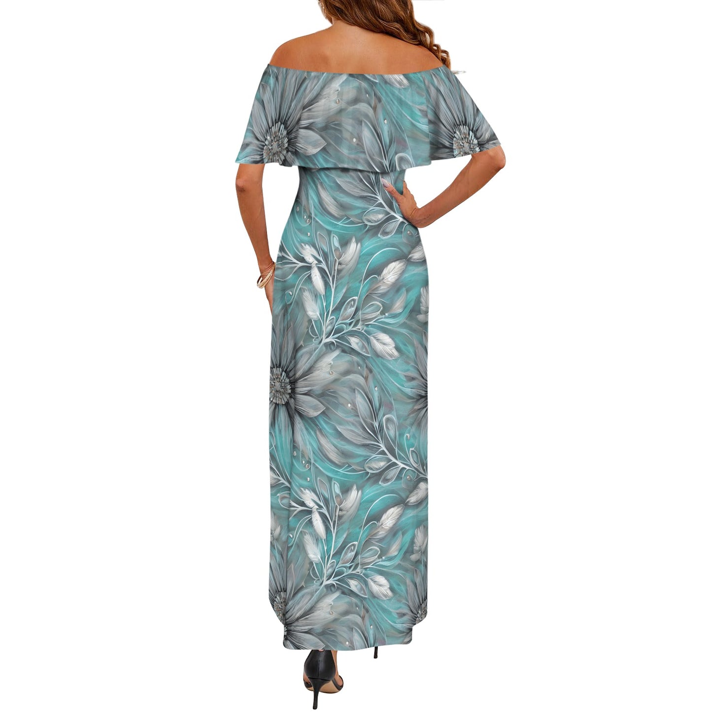 Green Elegant Large Print Floral Women's Off Shoulder Ruffle Boat Neck Dress (Model D71)