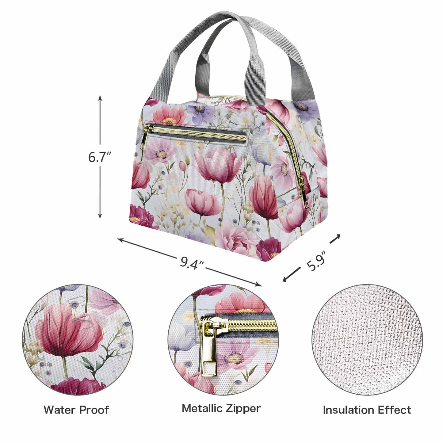 Wildflowers  Portable Lunch Bag-Grey Handle