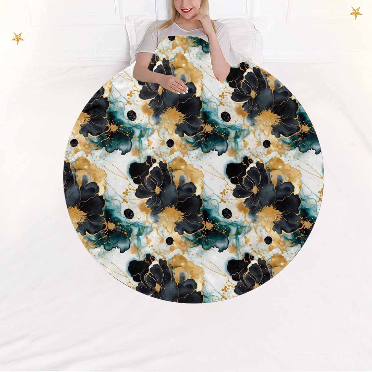 Black Gold & Green Ink Floral  Circular Micro Fleece Blanket 60"