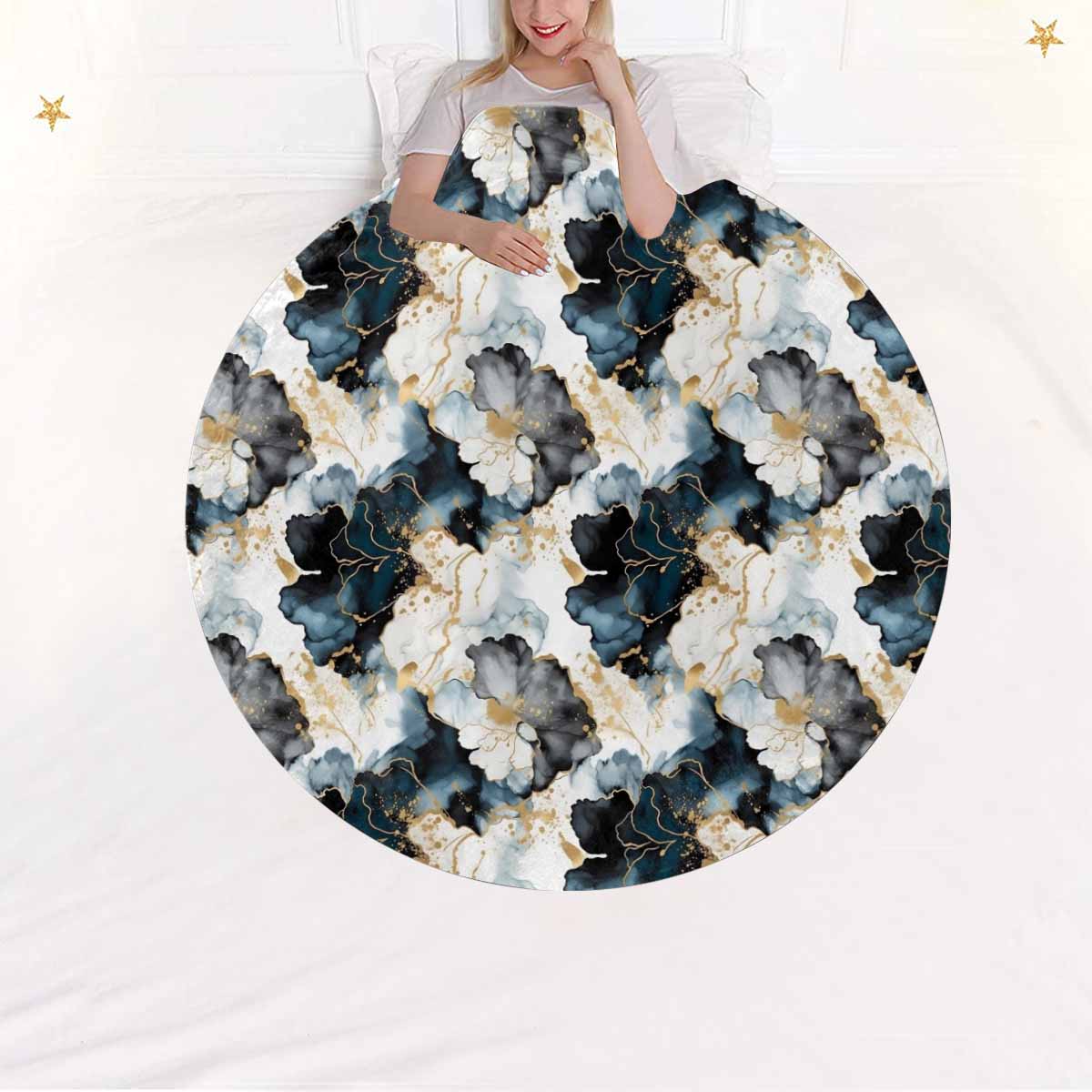 Black Ink Floral  Circular Micro Fleece Blanket 47"