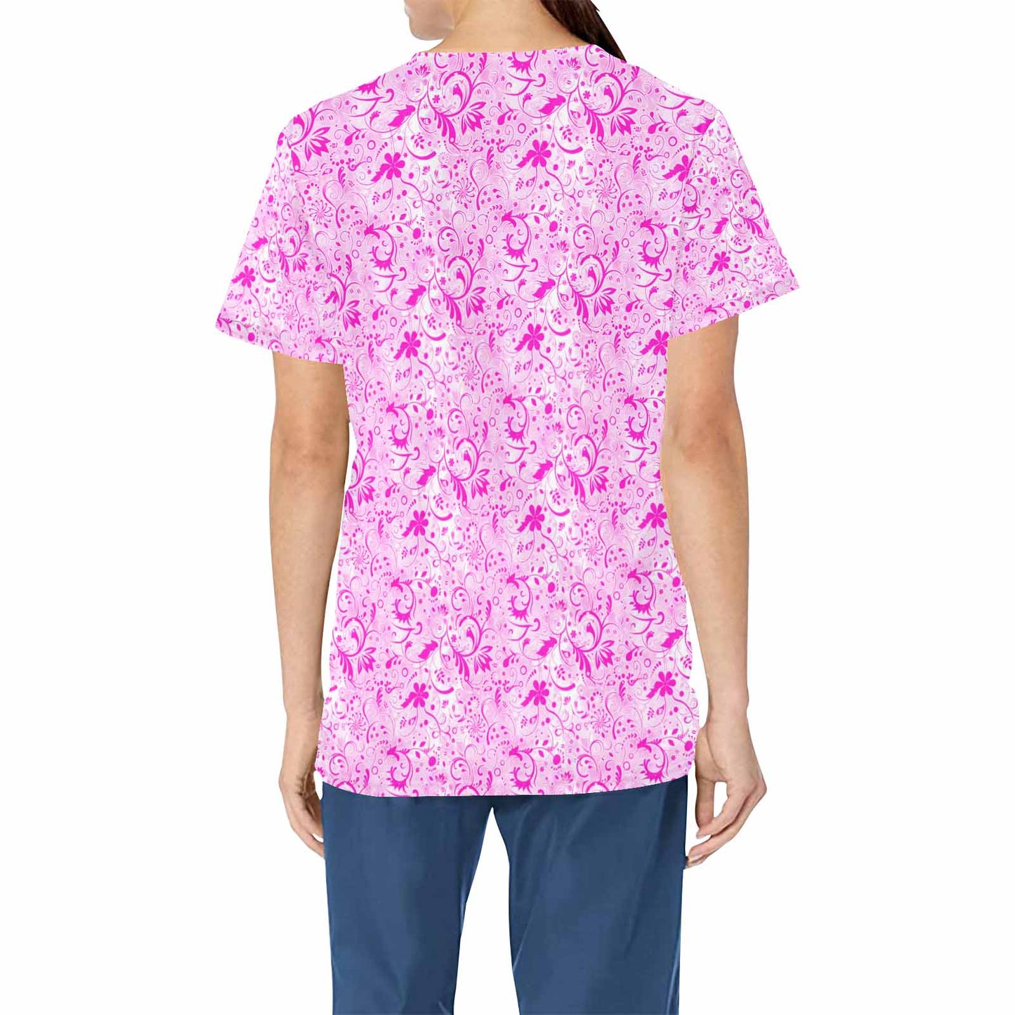 Pink Paisley  Women's V Neck Scrub Top Nurse Uniform with Deep Front Pockets