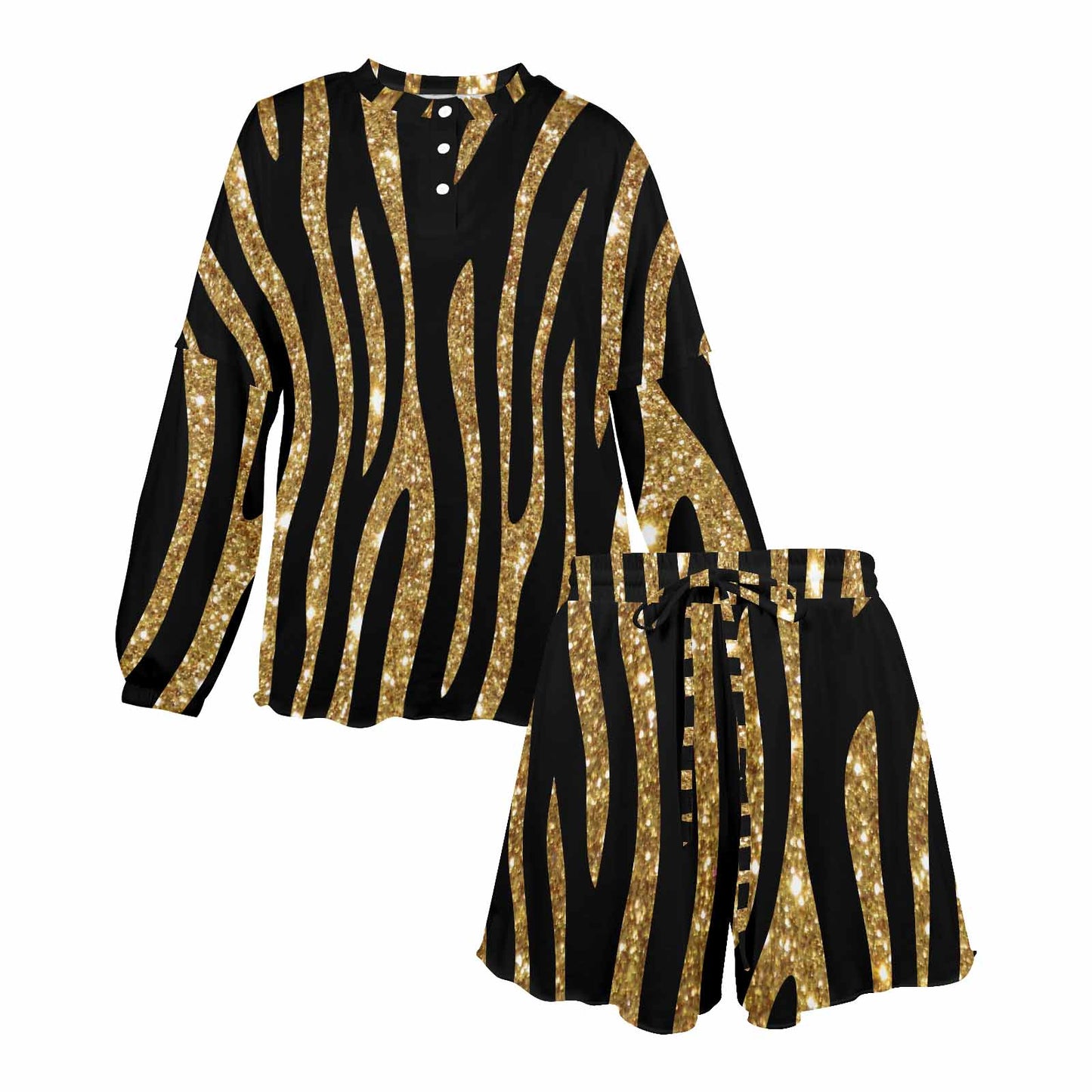 Black and Gold Glitter Leopard Print  Women's Long Sleeve Pajama Set with Shorts